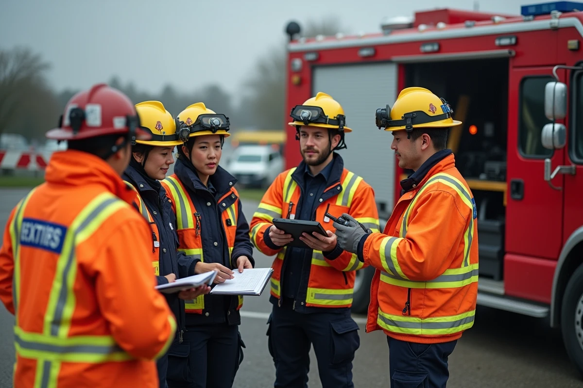 Groupe de pompiers en action avec véhicule de commandement en extérieur