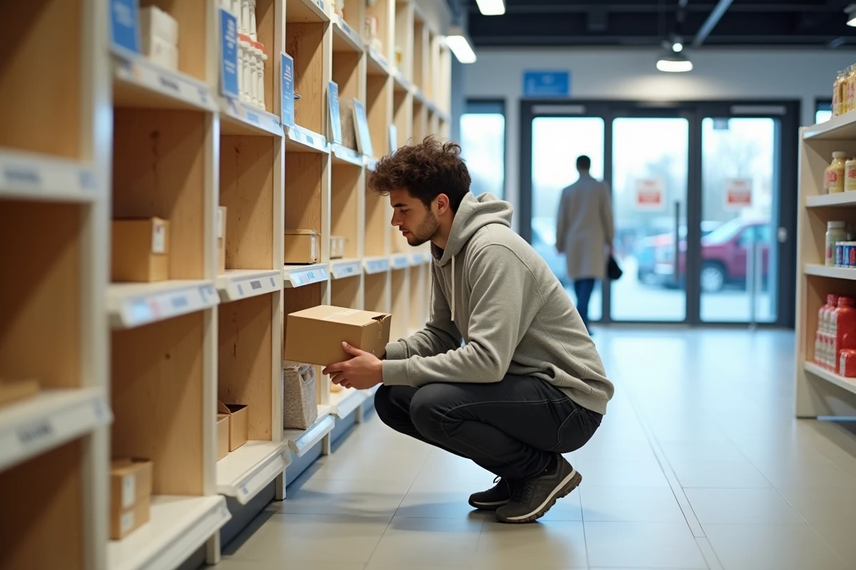 Un jeune homme examine son colis récupéré dans l'espace point relais d'un supermarché français
