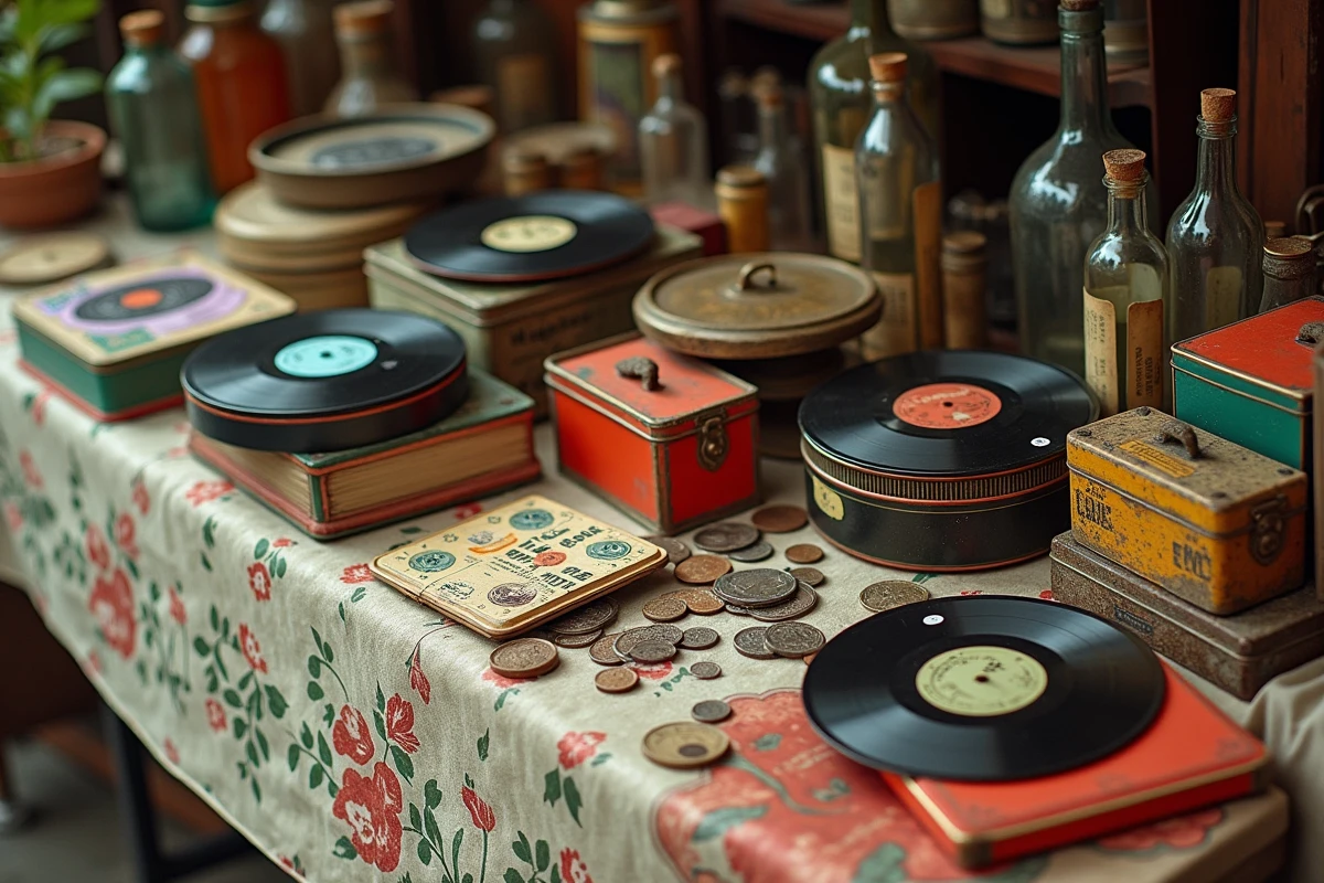 Table de vide grenier vue de haut couverte d'objets rétro et de collections vintage typiques des marchés de l'Ain