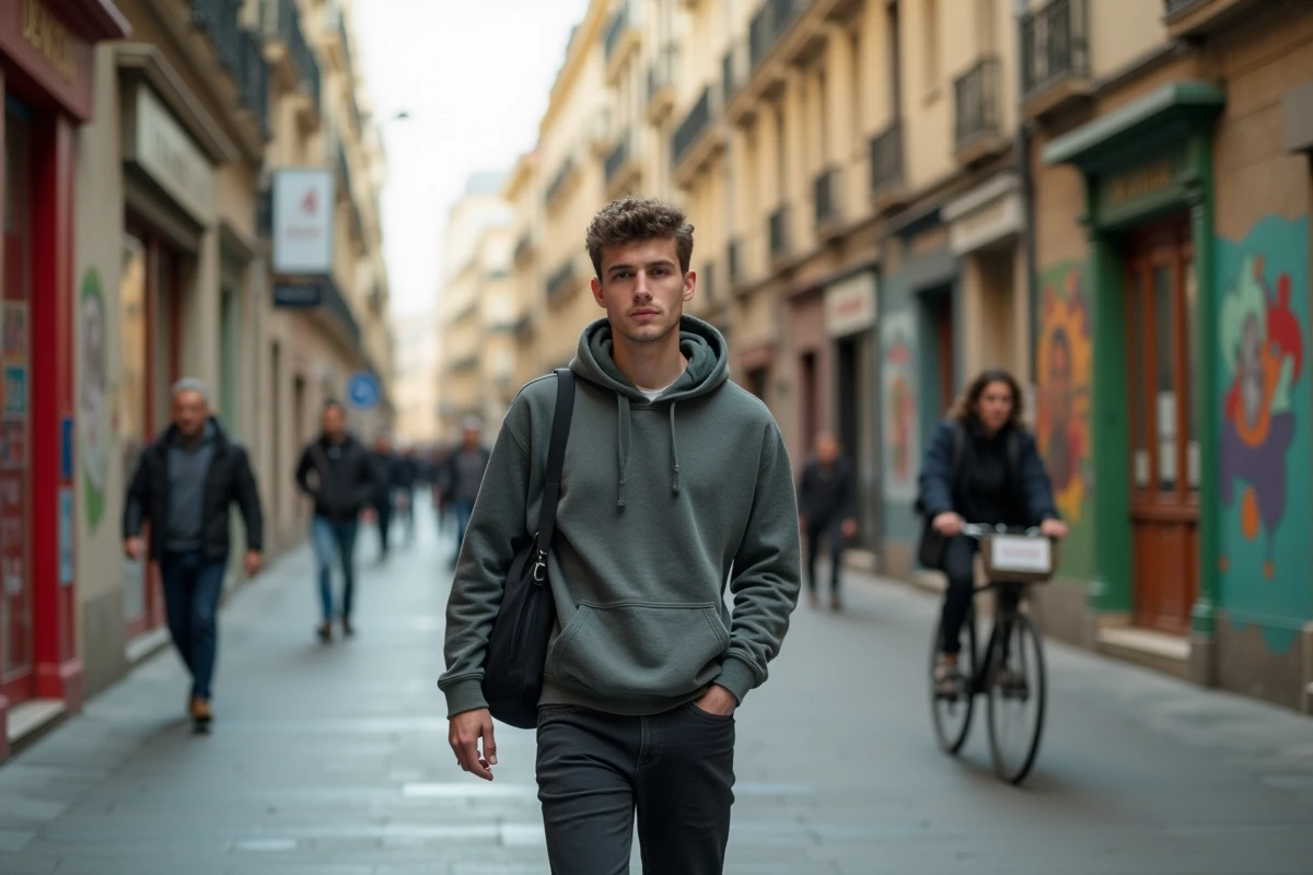 Étudiant marchant dans le quartier du Cours Julien à Marseille avec son sac d'ordinateur