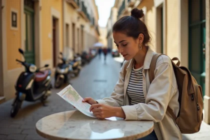 Étudiante consultant un plan de quartier de Marseille en terrasse de café