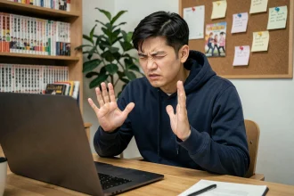 Jeune homme évitant de regarder un écran d'ordinateur pour ne pas se faire spoiler un manga comme One Piece