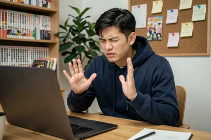 Jeune homme évitant de regarder un écran d'ordinateur pour ne pas se faire spoiler un manga comme One Piece