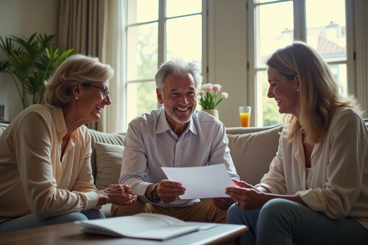 Famille discutant autour d une table dans un salon parisien