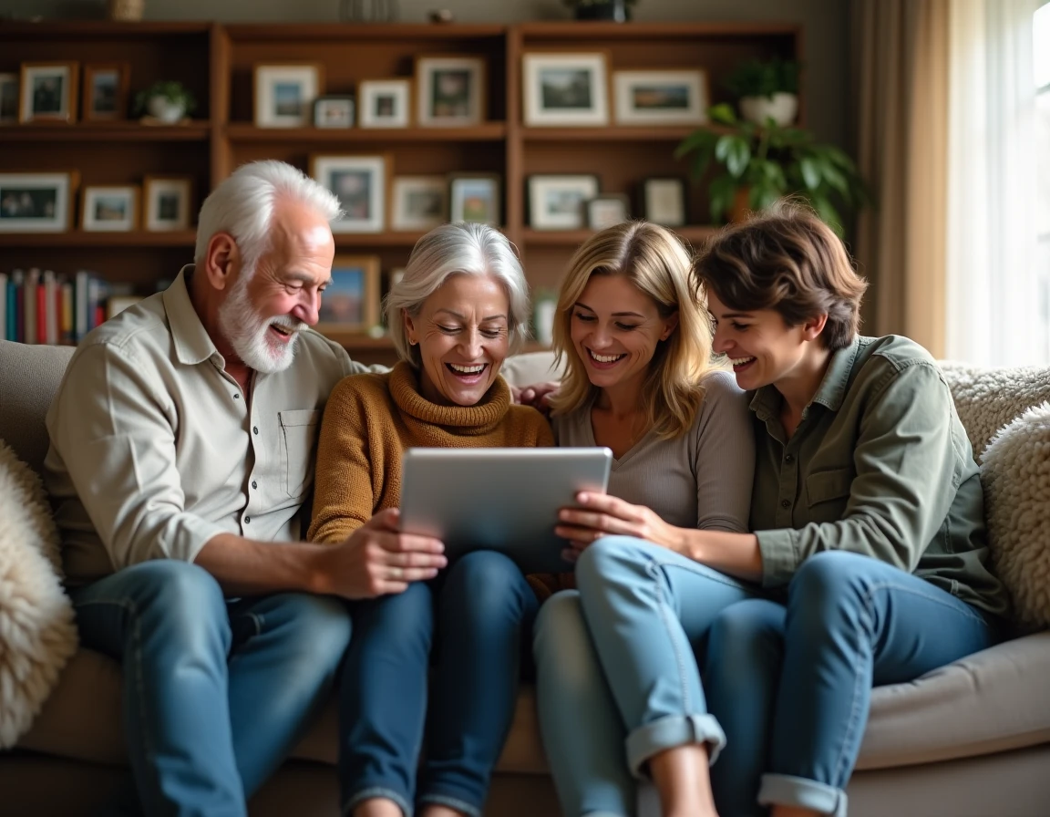 Famille intergénérationnelle partageant un blog privé sur une tablette dans un salon convivial