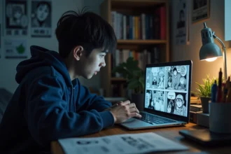 Jeune fan de manga découvrant les scans de One Piece en avant-première sur son ordinateur portable dans sa chambre