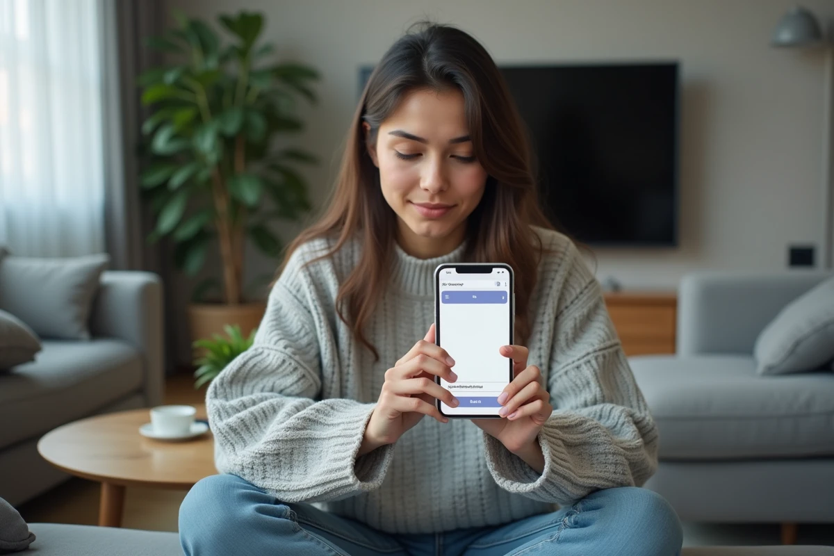 Jeune femme consultant sur son smartphone comment accéder à Tarbob depuis une nouvelle adresse