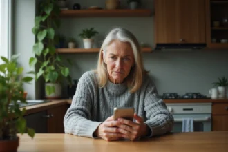 Femme méfiante regardant un appel entrant suspect avec l'indicatif pays +212 sur son smartphone