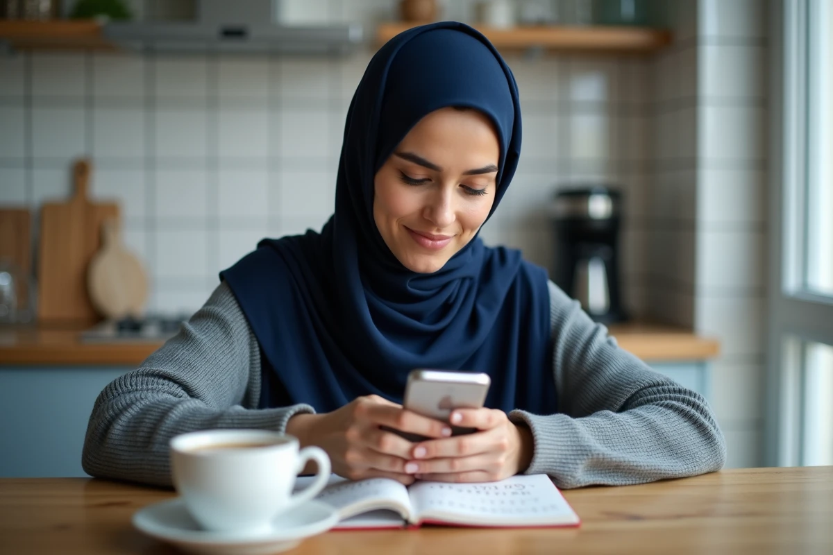 Jeune femme consultant les horaires de prière sur smartphone avec un calendrier hégirien manuscrit à côté, cuisine parisienne