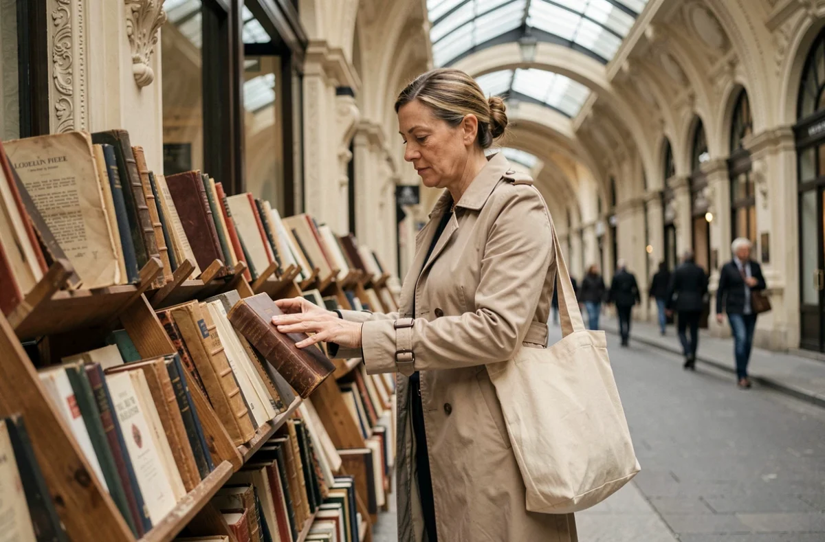 Femme parisienne feuilletant des livres anciens chez un bouquiniste du passage Vivienne