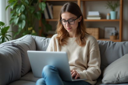 Jeune femme sur un canapé avec ordinateur et plantes d'intérieur
