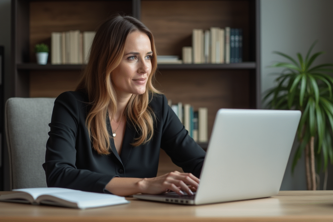 Femme d affaires assise à un bureau moderne en train de taper