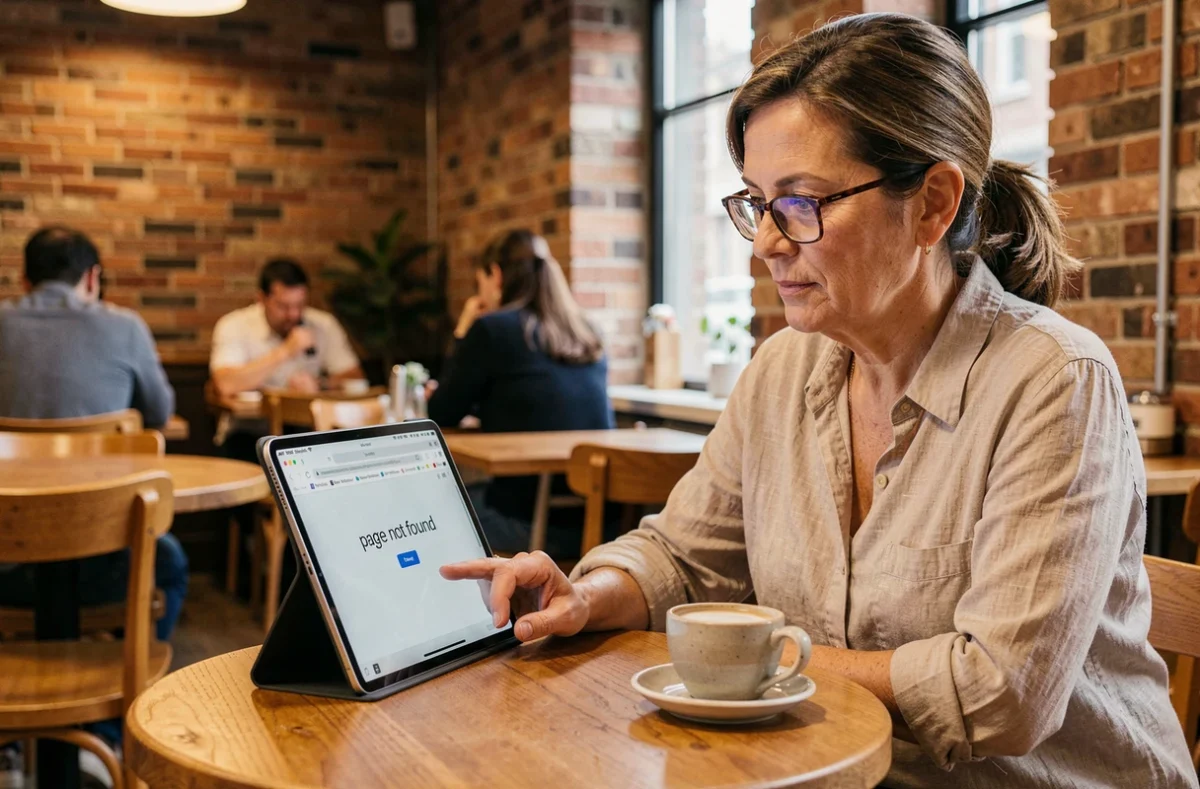 Femme en café consultant un message d'erreur de site de streaming sur une tablette