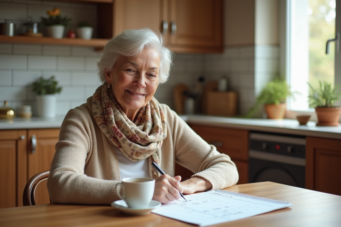 Femme souriante en cuisine avec calendrier et café