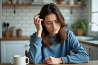 Femme examinant ses cheveux dans une cuisine domestique