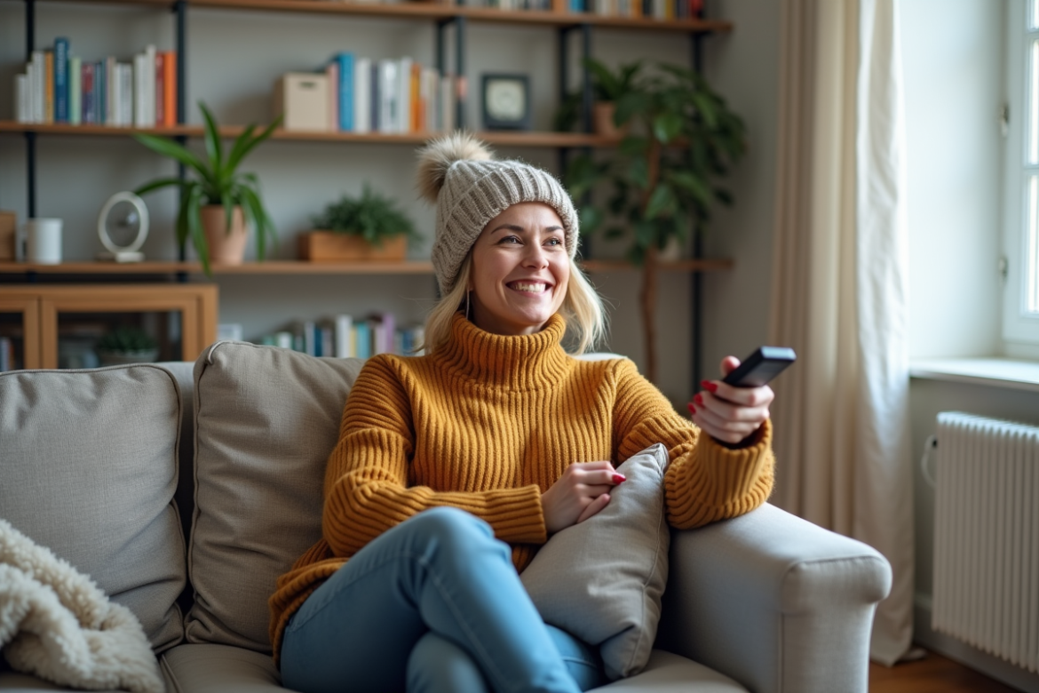 Femme d'âge moyen réglant la température dans un salon cosy