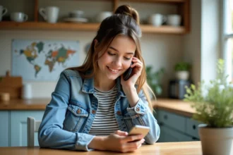 Jeune femme au téléphone dans une cuisine lumineuse
