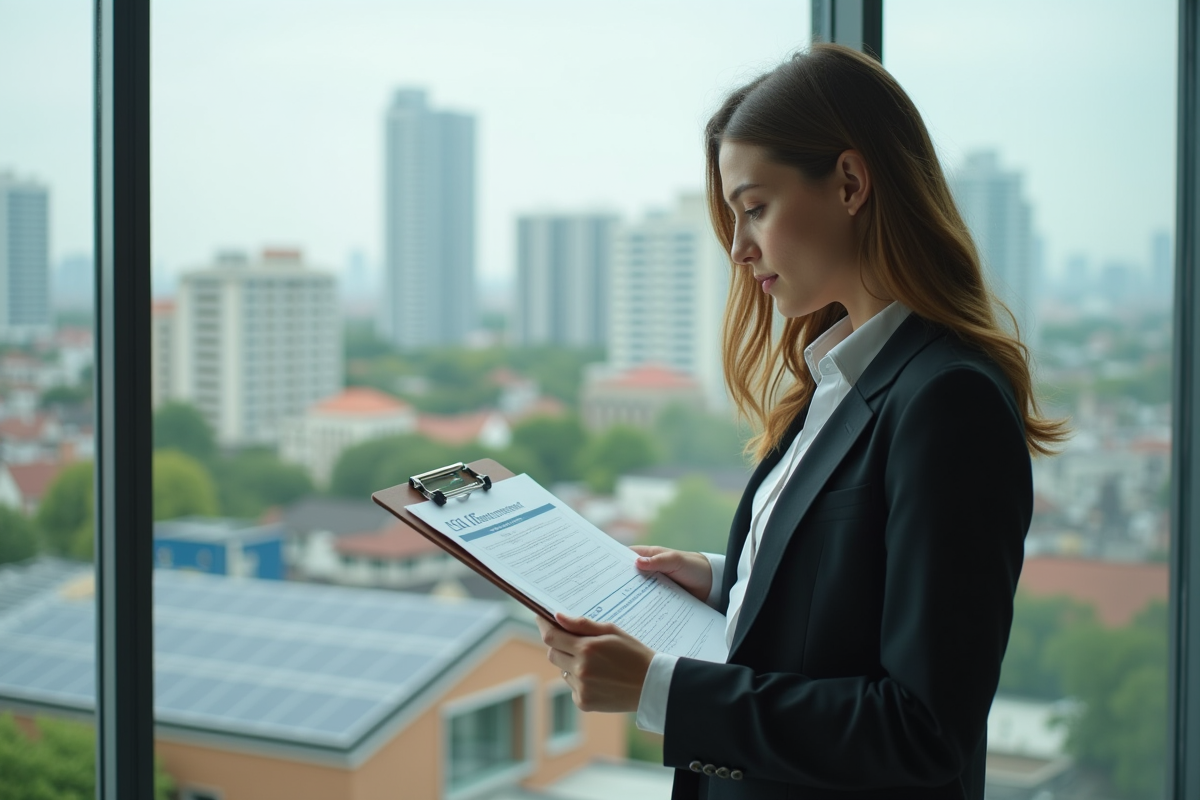 Jeune femme environnementale examinant un rapport ESG