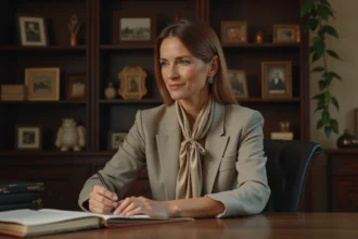 Femme élégante dans un bureau ancien et cosy