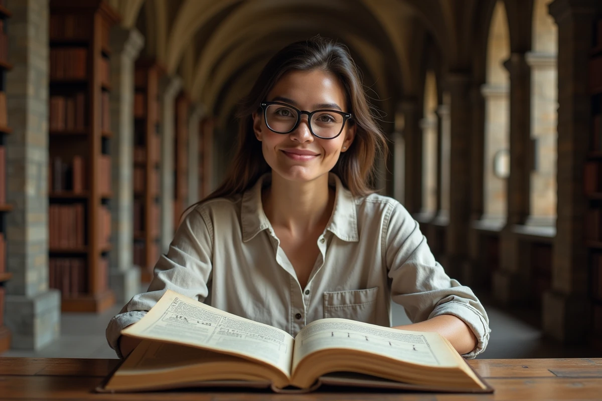 Femme étudiant un livre illustré sur la mythologie grecque avec le schéma de l'arbre généalogique des dieux de l'Olympe