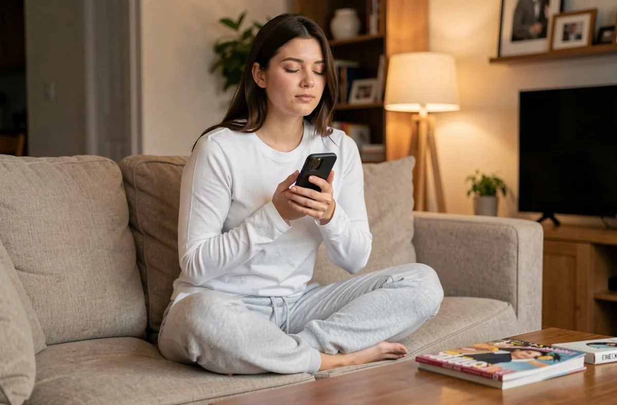 Femme tenant son smartphone retourné pour éviter les spoilers du scan One Piece sur les réseaux sociaux