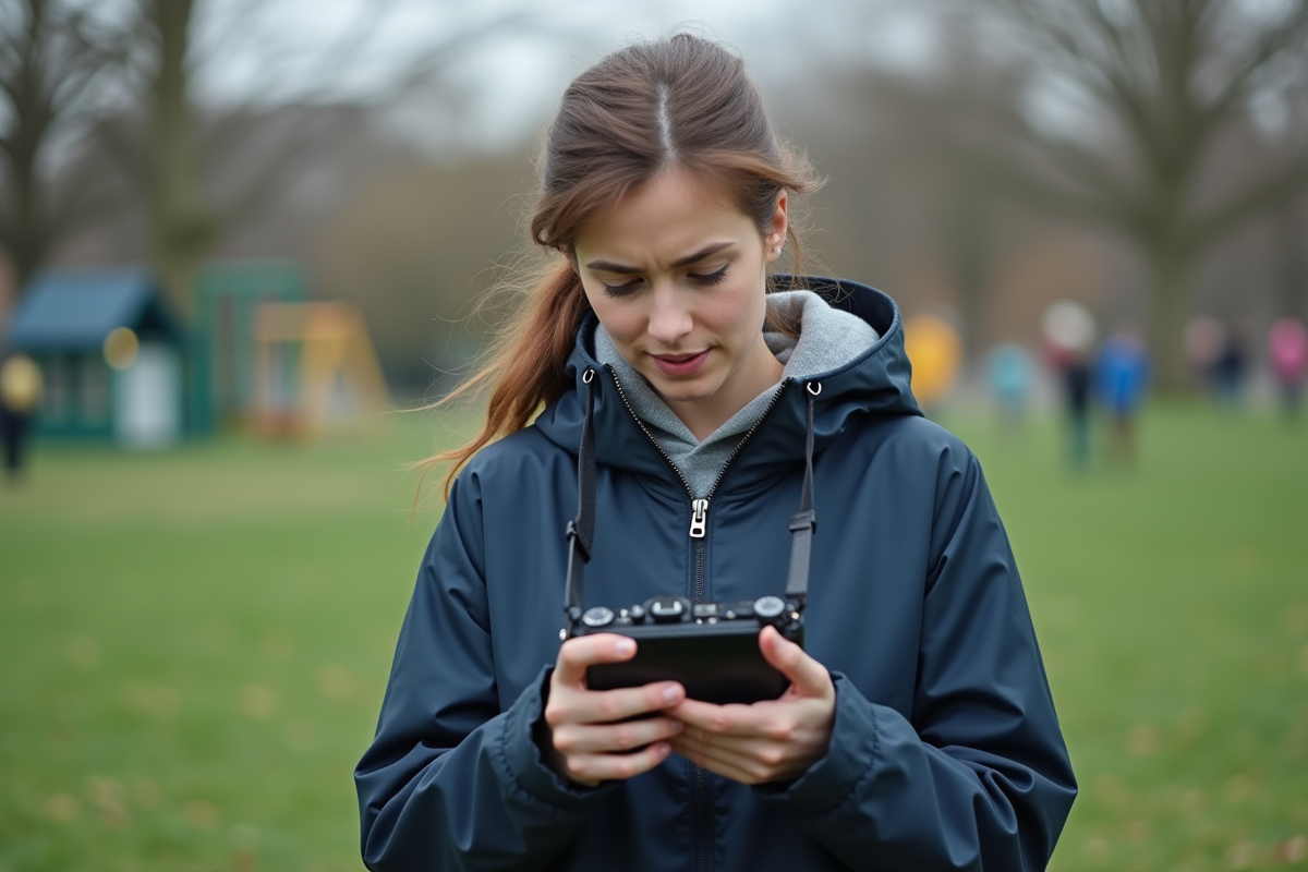 Femme regardant l ecran de son appareil photo dans un parc