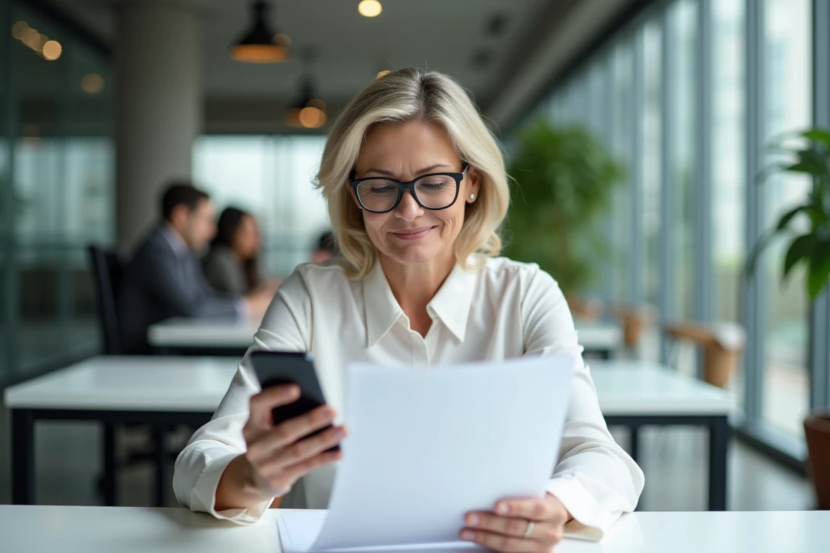 Femme consultant un formulaire imprimé et son smartphone pour éviter les erreurs d'adresse administrative