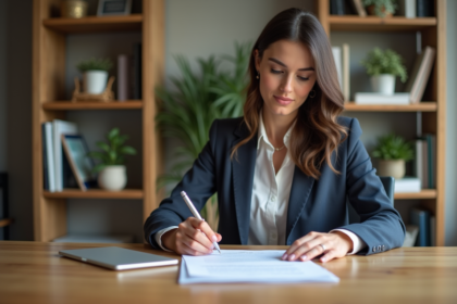 Femme professionnelle examinant des documents de prêt immobilier