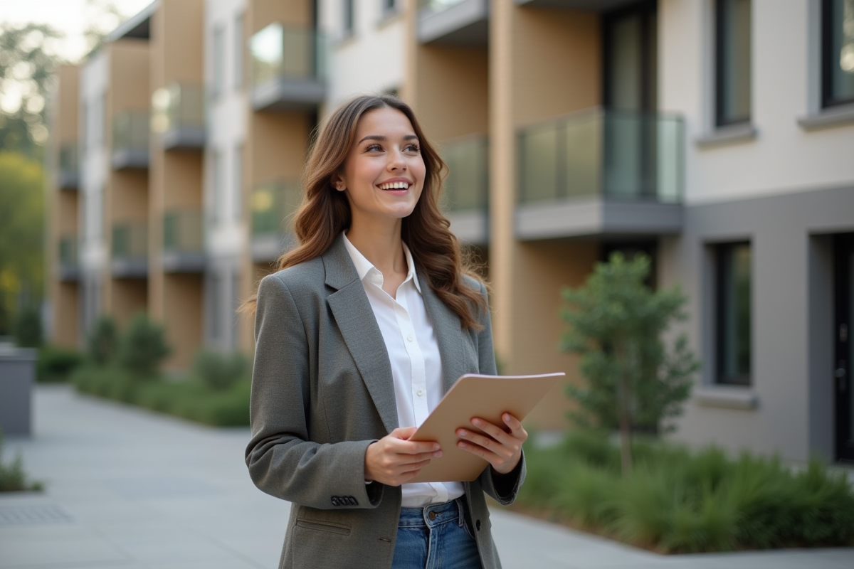 Jeune femme souriante devant des immeubles résidentiels