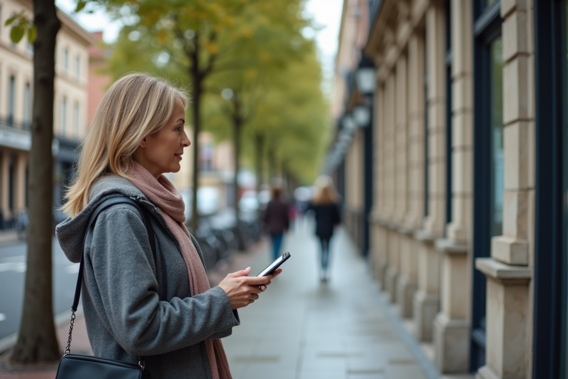 Femme d affaires regardant une vitrine immobiliere en ville