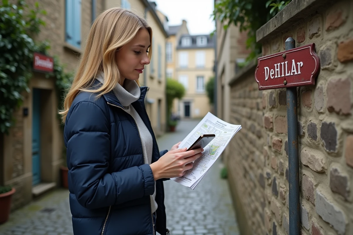 Femme à l'entrée d'une impasse comparant un plan papier et une carte GPS sur smartphone dans une rue résidentielle française