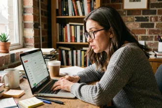 Femme concentrée jouant à un jeu de mots type Cemantrix sur un ordinateur portable dans un bureau à domicile chaleureux