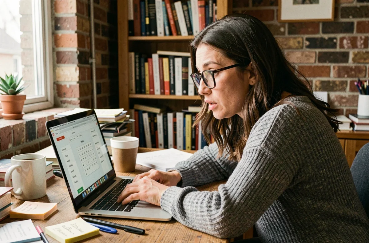 Femme concentrée jouant à un jeu de mots type Cemantrix sur un ordinateur portable dans un bureau à domicile chaleureux