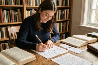 Femme concentrée résolvant un jeu de mots pendus difficile entourée de dictionnaires français sur un bureau en bois