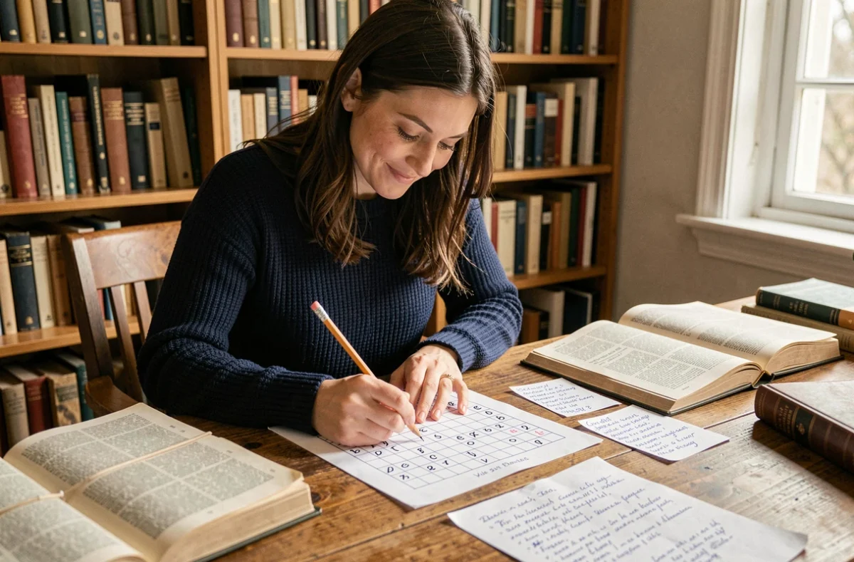 Femme concentrée résolvant un jeu de mots pendus difficile entourée de dictionnaires français sur un bureau en bois