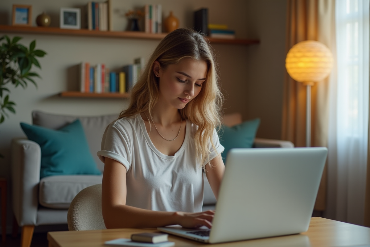 Jeune femme concentrée jouant au Scrabble sur un ordinateur