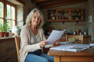 Femme d'âge moyen lisant des documents dans une cuisine rustique