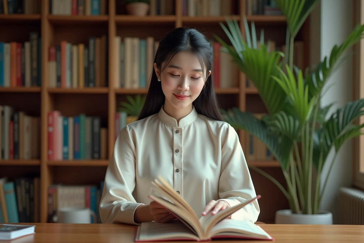 Femme asiatique lisant un manhua dans une bibliothèque