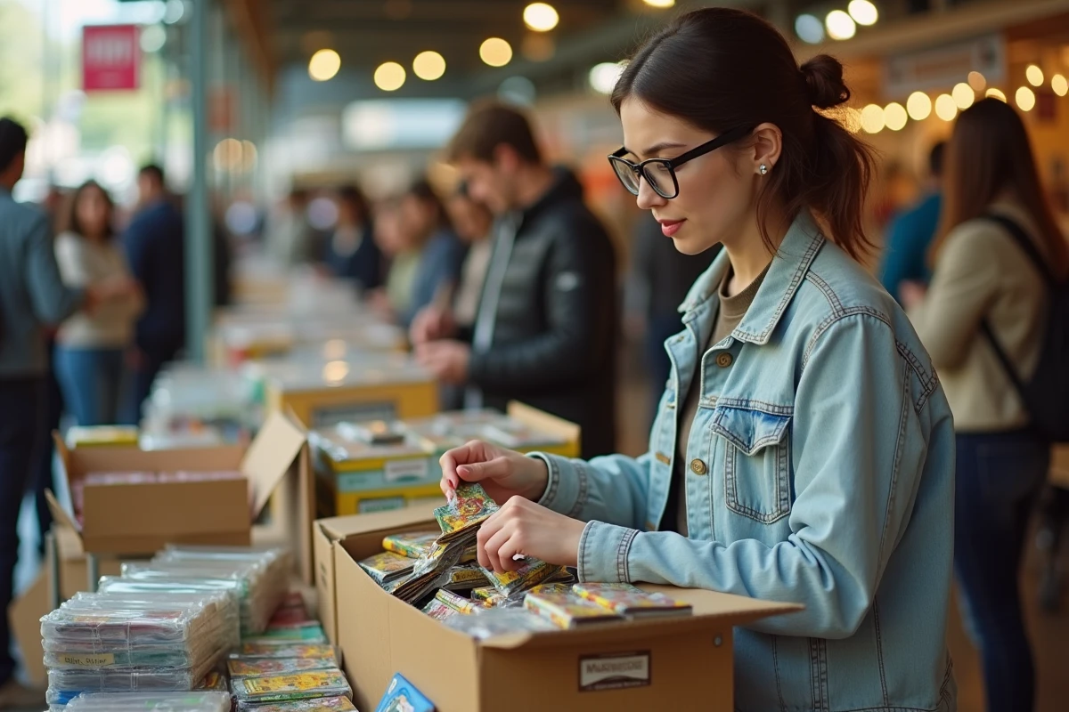 Femme cherchant des cartes Pokémon dans des boîtes à un marché aux puces pour les revendre avec marge