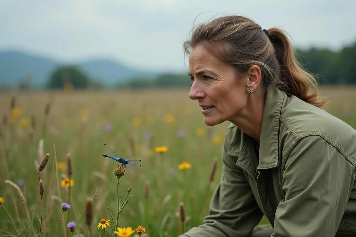 Femme observant une libellule bleue posée sur une fleur sauvage dans une prairie d'été, regard contemplatif