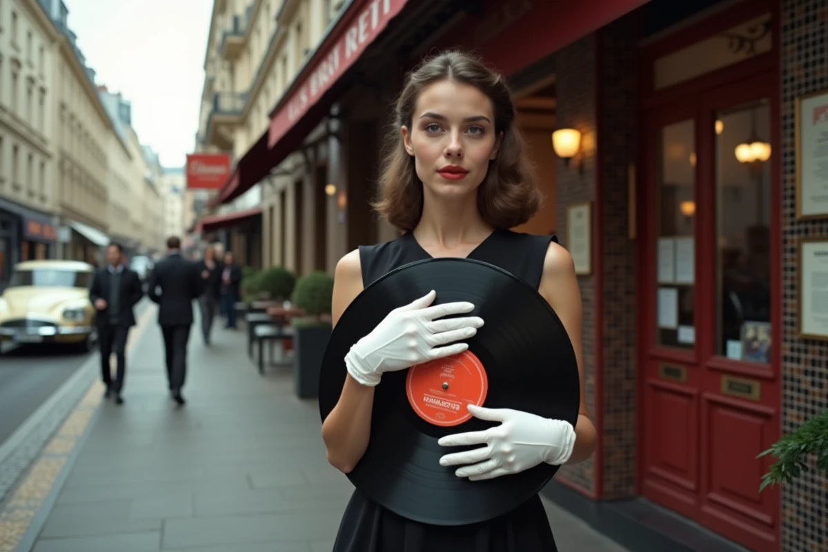 Jeune femme parisienne tenant un disque vinyle devant une brasserie typique des années 1960