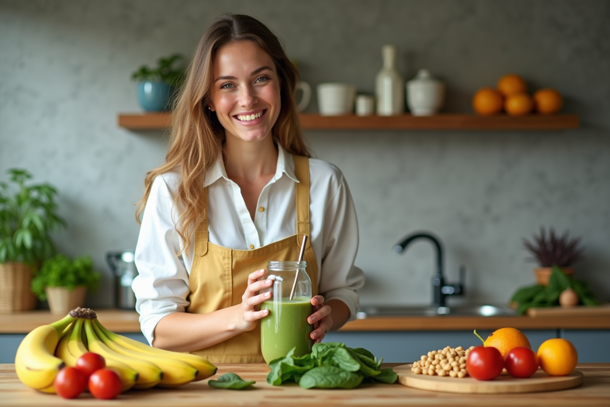 Femme préparant un smoothie avec bananes et épinards dans une cuisine moderne