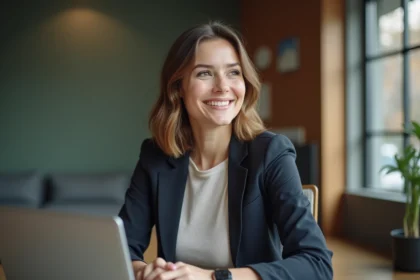 Femme confiante en bureau moderne avec ordinateur