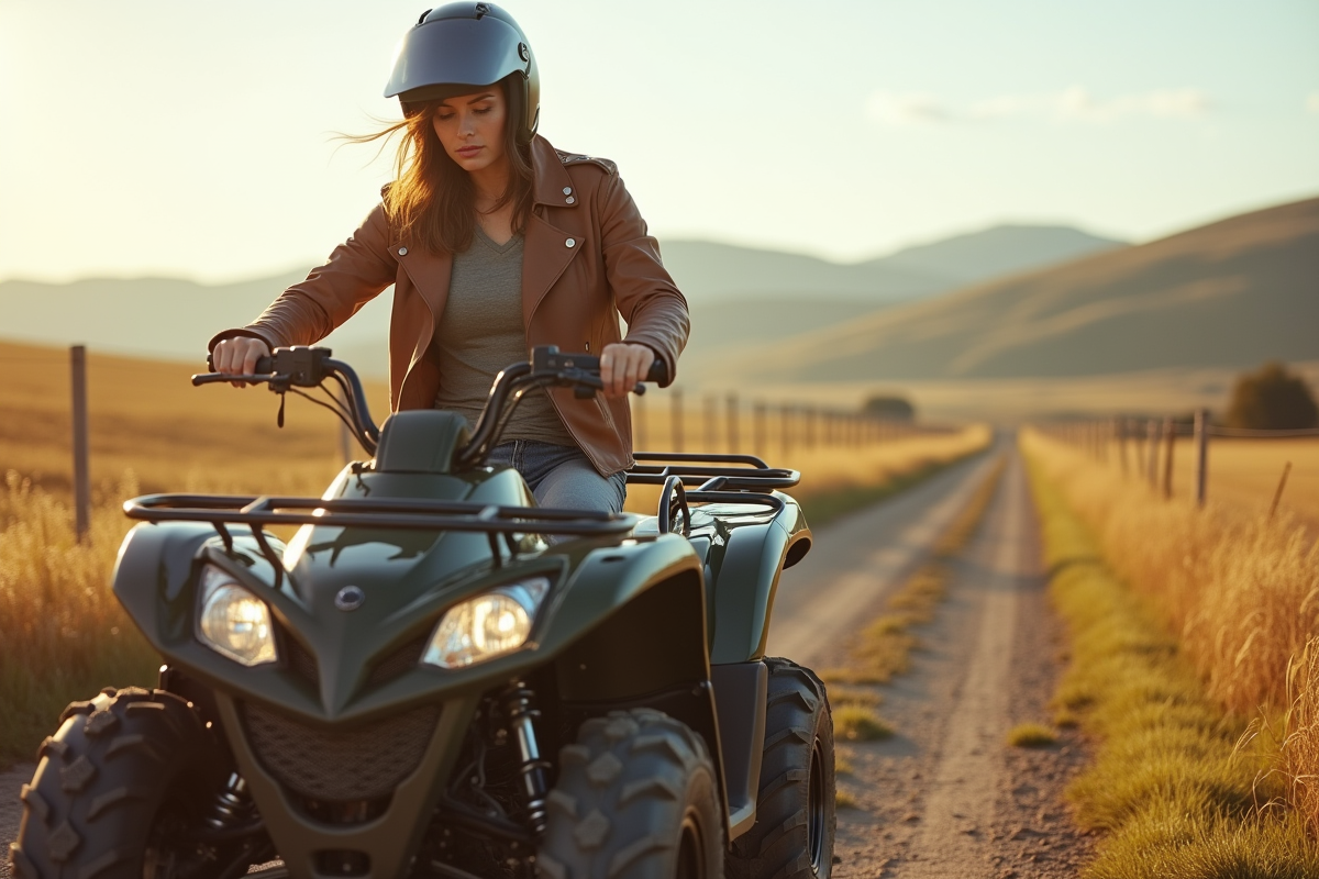 Femme ajustant son casque sur un quad dans un champ