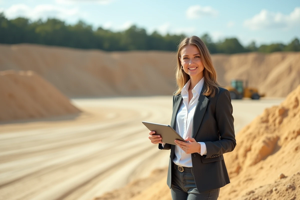 Femme tenant une tablette dans une carrière de sable