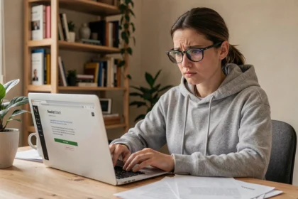 Femme frustrée cherchant l'adresse d'un site de streaming sur son ordinateur portable à la maison