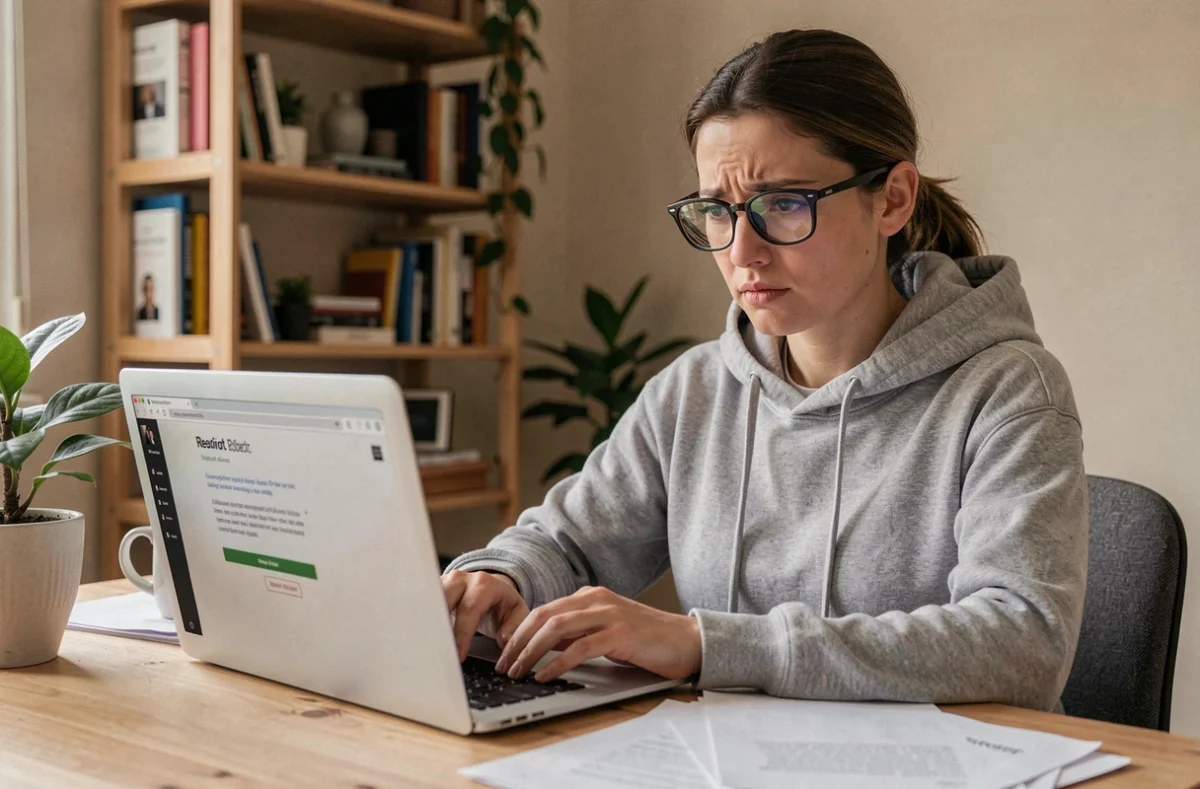 Femme frustrée cherchant l'adresse d'un site de streaming sur son ordinateur portable à la maison