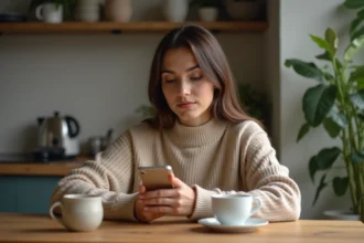 Femme en cuisine regardant son téléphone avec 11h11