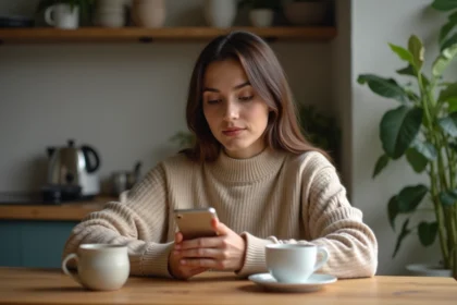 Femme en cuisine regardant son téléphone avec 11h11