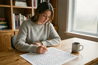 Femme concentrée résolvant une grille de yakazu imprimée à son bureau en bois avec un crayon et un café